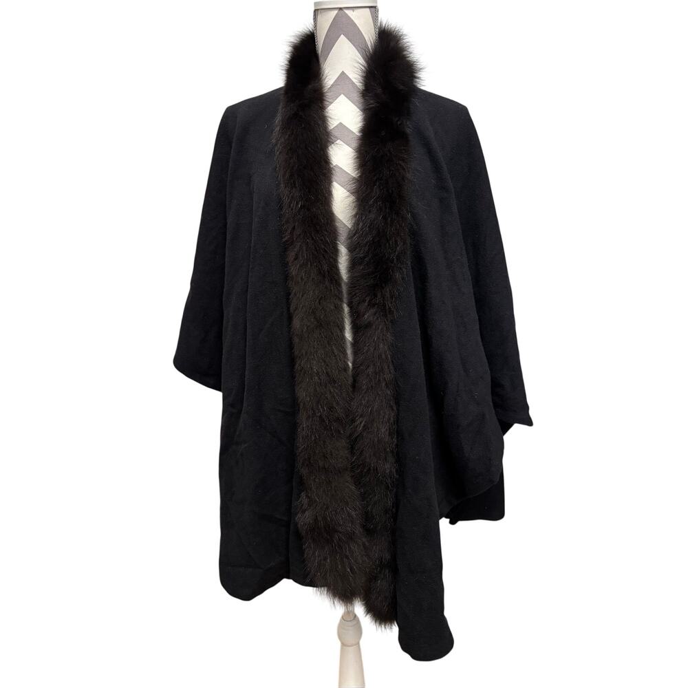 Vtg J Percy Marvin Richards Wool Cashmere Cape Real Fox Fur Trim Wrap Black⁠
